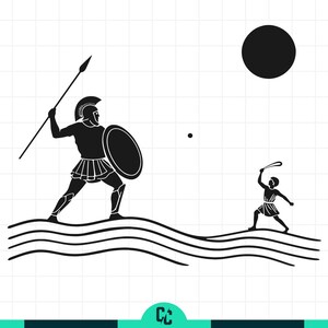 May include: Black and white illustration of a warrior with a spear and shield facing a smaller figure with a club. The figures are on a wavy surface, with a large black circle and a small dot in the background.