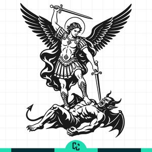 May include: Black and white illustration of Saint Michael the Archangel, with large wings and a halo, holding a sword above his head. He stands over a demon, also with wings and horns, who is lying on the ground.