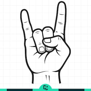 Puede incluir: Ilustración en blanco y negro de una mano haciendo el gesto de 'rock on'. Los dedos índice y meñique están extendidos, mientras que los dedos medio y anular están metidos. El pulgar también está extendido.