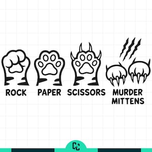 Może przedstawiać: Czarno-biała grafika przedstawiająca pięść, odcisk łapy, łapę z pazurami i pazury, ze słowami "ROCK", "PAPER", "SCISSORS" i "MURDER MITTENS". Humorystyczna interpretacja gry.