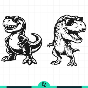 May include: Two black and white illustrations of cartoon dinosaurs wearing sunglasses. One dinosaur has its arms crossed, and the other has its mouth open. The dinosaurs are smiling and have sharp teeth.