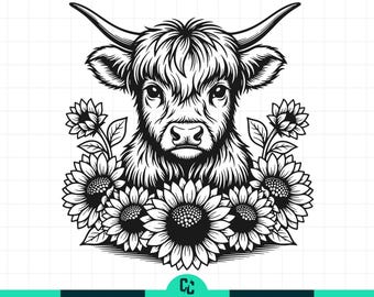 Mucca delle Highlands con girasoli SVG PNG, Clipart di mucca floreale, Vettore di animali da fattoria, Silhouette di muso di mucca, Design a sublimazione per magliette, File di taglio