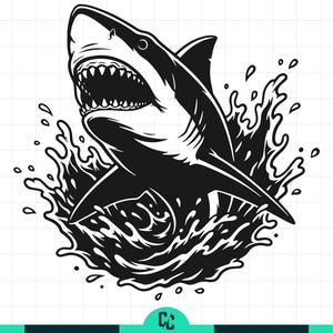 May include: Black and white illustration of a shark leaping out of the water. The shark is depicted with its mouth open, revealing sharp teeth, and is surrounded by stylized water splashes.