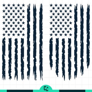 May include: Two distressed American flag designs. Each flag features a field of stars in the upper left corner and vertical stripes. The flags are navy blue on a white background, with a worn, distressed appearance.