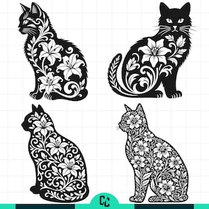 Op de afbeelding: Vier zwarte kat silhouetten met bloemmotieven. Elke kat zit, met ingewikkelde witte bloemmotieven die hun lichaam vullen. De ontwerpen omvatten lelies en andere gestileerde bloemen, waardoor een decoratieve en artistieke uitstraling ontstaat.