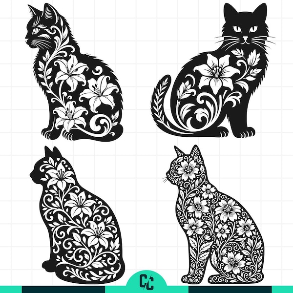 Floral Cat SVG Bundle, Flower Cat Silhouette SVG, Mandala Cat Svg, Sitting Cat PNG, Commercial Use, Cut Files for Cricut and Silhouette