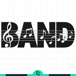 May include: Black graphic design of the word "BAND" with musical notes and a treble clef. The musical notes are on a staff that runs through the letters. The background is white.
