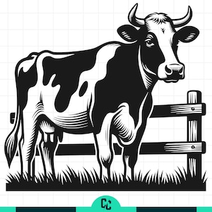 May include: Black and white illustration of a cow standing in front of a wooden fence. The cow has black spots on its body and is standing in a grassy area. The image is a vector graphic.