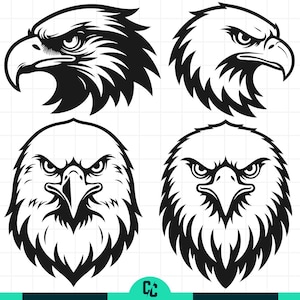 Op de afbeelding: Vier zwart-wit illustraties van adelaarskoppen. Twee zijn zijaanzichten en twee zijn frontaanzichten. De adelaarskoppen hebben scherpe snavels en intense ogen, met gedetailleerde veermotieven. Ideaal voor grafisch ontwerp.