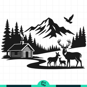 Könnte beinhalten: Schwarz-Weiß-Illustration einer Berglandschaft mit einer Hütte, Bäumen, Hirschen und einem fliegenden Vogel. Die Hütte hat einen rauchenden Schornstein. Ein gewundener Pfad führt zu einer Hirschfamilie. Ein Gebirgszug im Hintergrund.