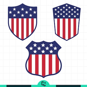 May include: Three shield-shaped designs in red, white, and blue, featuring the American flag. Each shield has a blue top with white stars and red and white vertical stripes. The shields vary in shape.