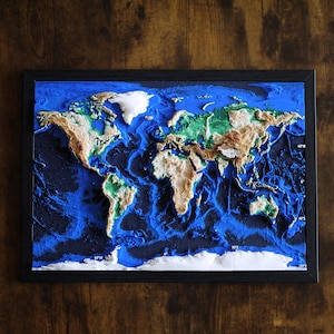 Carte du monde 3D avec l'Antarctique – Art mural topographique en relief (format A3 / 11,7" × 16,5")