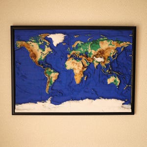 3D-Topografische Weltkarte A2, Wandbild, Reliefkarte, Atlantikzentriert