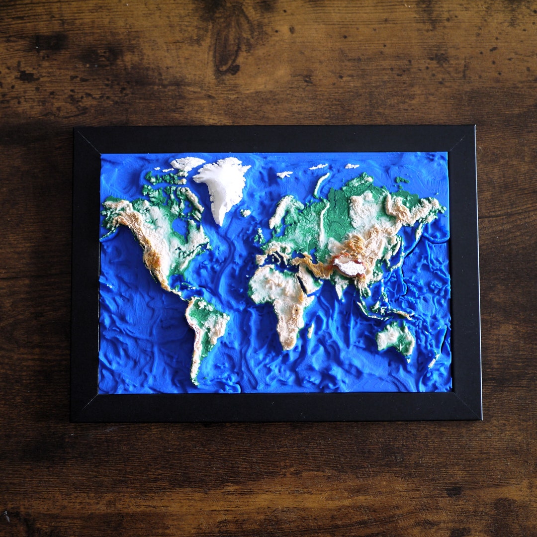 3D World Map-A5 Map of the world with topography and bathymetry /wall hanging - Etsy Portugal