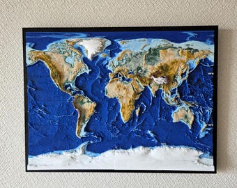 15"x11" 3D Relief World Map (B4), Topographic Ocean Floor Wall Art, Professional NOAA Terrain Map, Traveler Gift Office Decor
