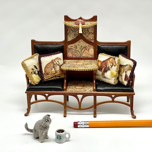 NEW!  Theodore - handsome dollhouse miniature settee and shelf with four coordinating pillows