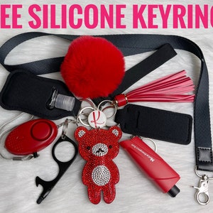 SAFETY KEYCHAIN SET, Rhinestone Bear Utility Keychain Protection  Keychain, Monogrammed Protection Keychains, Wristlet Keychain