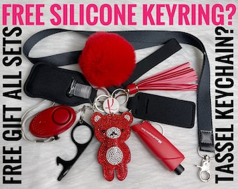 SAFETY KEYCHAIN SET, Rhinestone Bear Utility Keychain Protection  Keychain, Monogrammed Protection Keychains, Wristlet Keychain