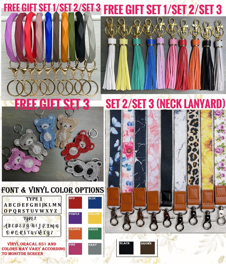 May include: Assortment of colorful silicone bracelets, keychains with tassels, and rhinestone bear keychains.  Also included are black, brown, and white lanyards with various patterns.  The image includes the text "FREE GIFT SET 1/SET 2/SET 3" and "SET 2/SET 3 (NECK LANYARD)".  The image also includes a color chart with the text "FONT & VINYL COLOR OPTIONS" and lists the colors red, blue, purple, yellow, orange, green, pink, and gray.