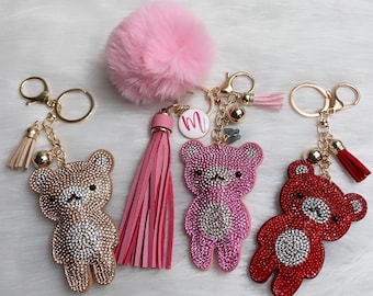 Crystal Rhinestone Bear Keychain: Monogrammed Initial, Tassel Charm