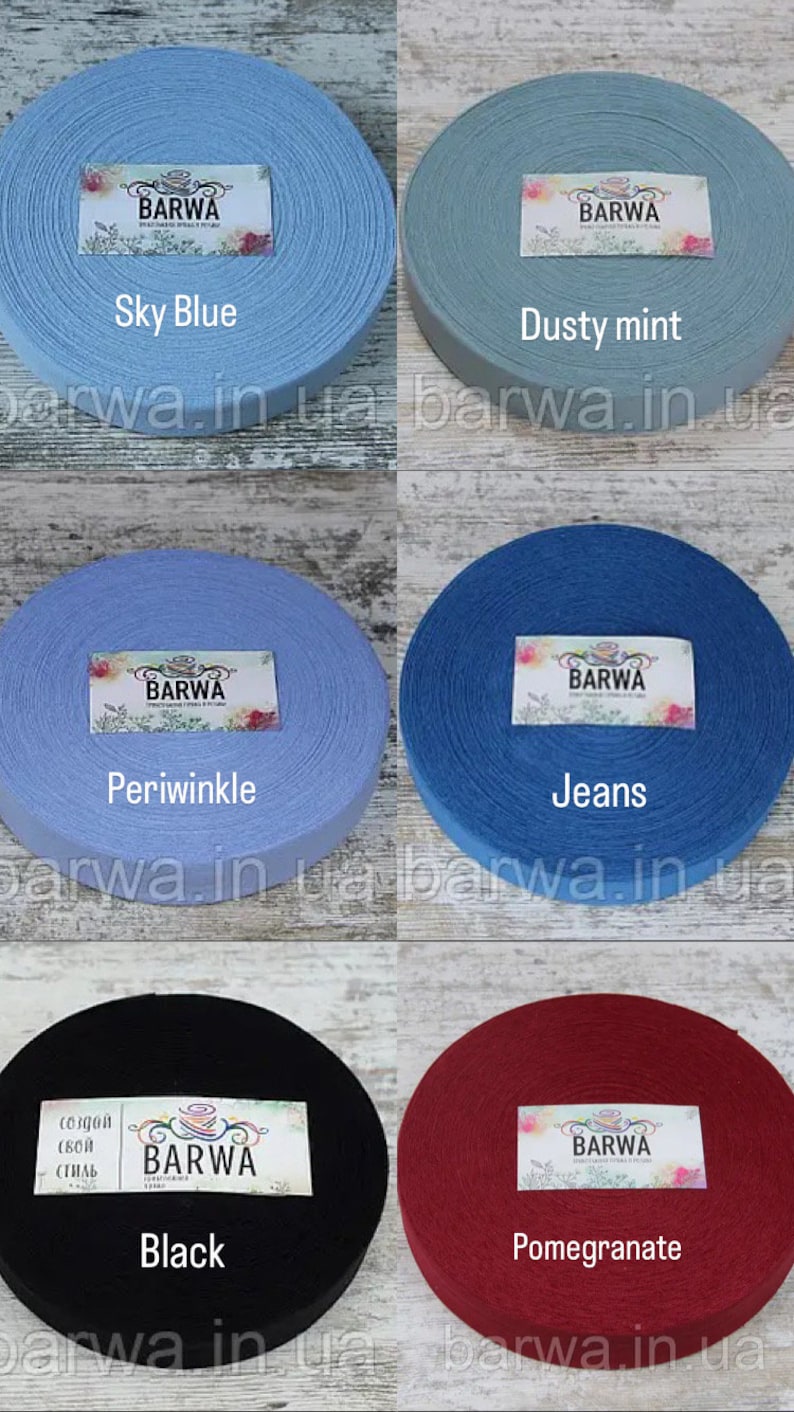 May include: Six spools of cotton webbing in various colors, including sky blue, dusty mint, periwinkle, jeans, black, and pomegranate. Each spool has a label with the word "BARWA" printed on it.
