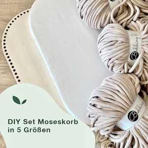 Puede incluir: Conjunto DIY de cinco cestas Moisés de madera de forma ovalada, de color blanco, con cuerda de algodón beige para tejer. La cuerda está etiquetada con "Bobbiny".