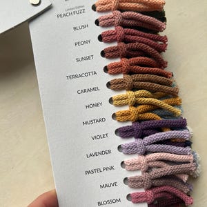 Op de afbeelding: Een kleurenkaart met 15 verschillende tinten garen, waaronder Biscuit, Peach Fuzz, Blush, Pioenroos, Zonsondergang, Terracotta, Karamel, Honing, Mosterd, Violet, Lavendel, Pastelroze, Mauve, Bloesem en Bourgondi&euml;.