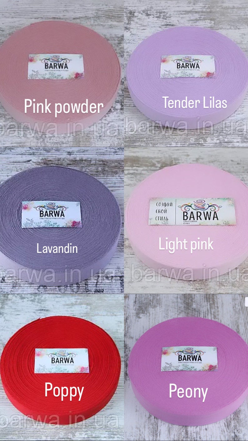 May include: Six spools of elastic fabric in various colors, including pink powder, tender lilas, lavandin, light pink, poppy, and peony. Each spool has a label with the word "BARWA" printed on it.