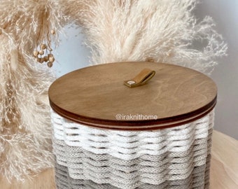 Runder Korb mit Holzdecke,Körbe/ Utensilien, Aufbewarungskörbe, aus 5mm Baumwollschnur