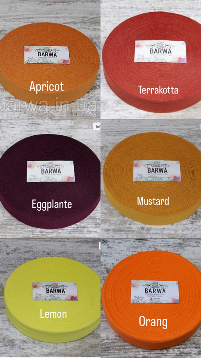 May include: Six spools of cotton webbing in different colors: apricot, terracotta, eggplant, mustard, lemon, and orange. Each spool has a label with the word "BARWA" printed on it.