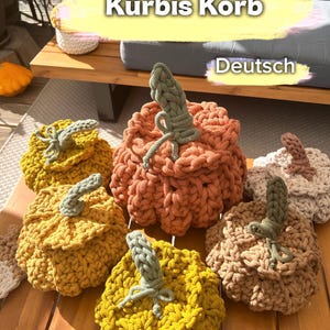 Könnte beinhalten: Eine Sammlung von sechs gehäkelten kürbisförmigen Körben in verschiedenen Farben wie Orange, Gelb und Beige. Jeder Korb hat ein strukturiertes, geripptes Design mit einem dicken, grünen gehäkelten Stiel oben. Der Text PDF Häkelanleitung Kürbis Korb Deutsch ist oben sichtbar.