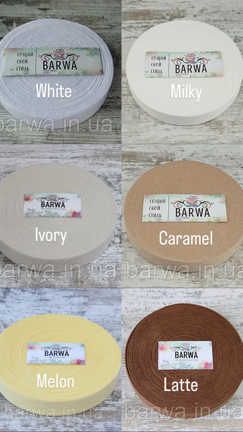 May include: Six spools of cotton elastic in different colors: white, milky white, ivory, caramel, melon, and latte. Each spool has a label with the word "BARWA" and the color name.