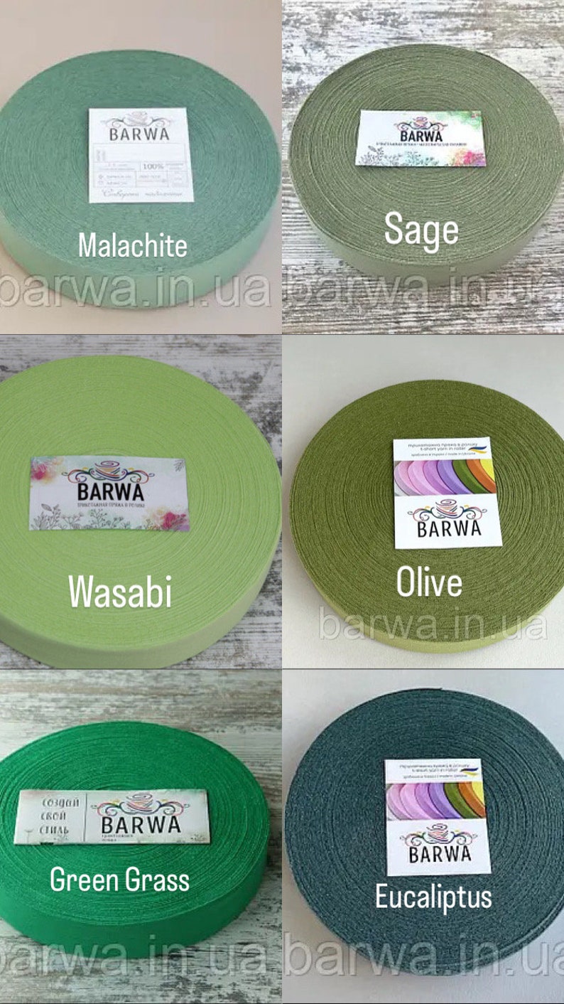 May include: Assortment of green and blue cotton ribbon rolls, each with a label that says "BARWA" and a different color name: Malachite, Sage, Wasabi, Olive, Green Grass, and Eucaliptus.