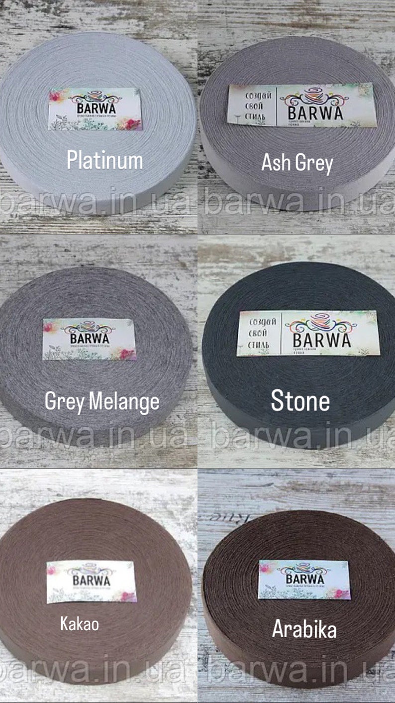 May include: Six spools of fabric in different colors, including platinum, ash grey, grey melange, stone, kakao, and arabika. Each spool has a label with the word "BARWA" and the color name.