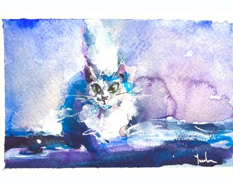 White cat on white snow Original watercolor postcard Pet Illustration greeting card White kitten portrait Running white cat winter evening