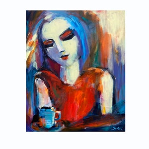 Colorful abstract portrait women on canvas Beautiful girl acrylic painting Multicolored vivid canvas Red painting woman morning coffee