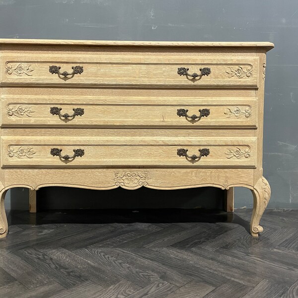 French Rustic Oak Ornate chest of  Drawers French 3 drawer chest of drawers