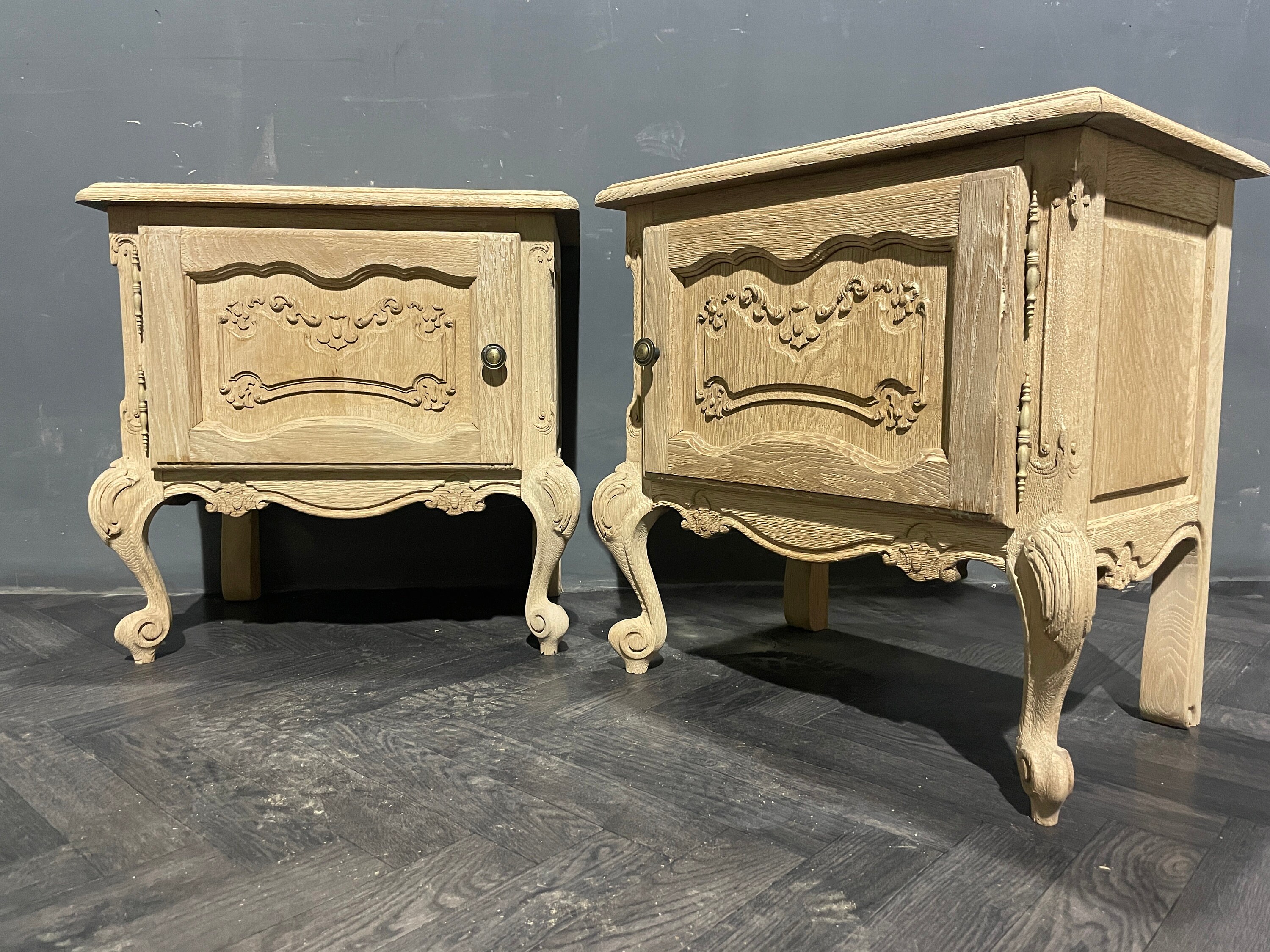Pair of French Rustic Oak Ornate Bedsides Tables Pair of French Pot