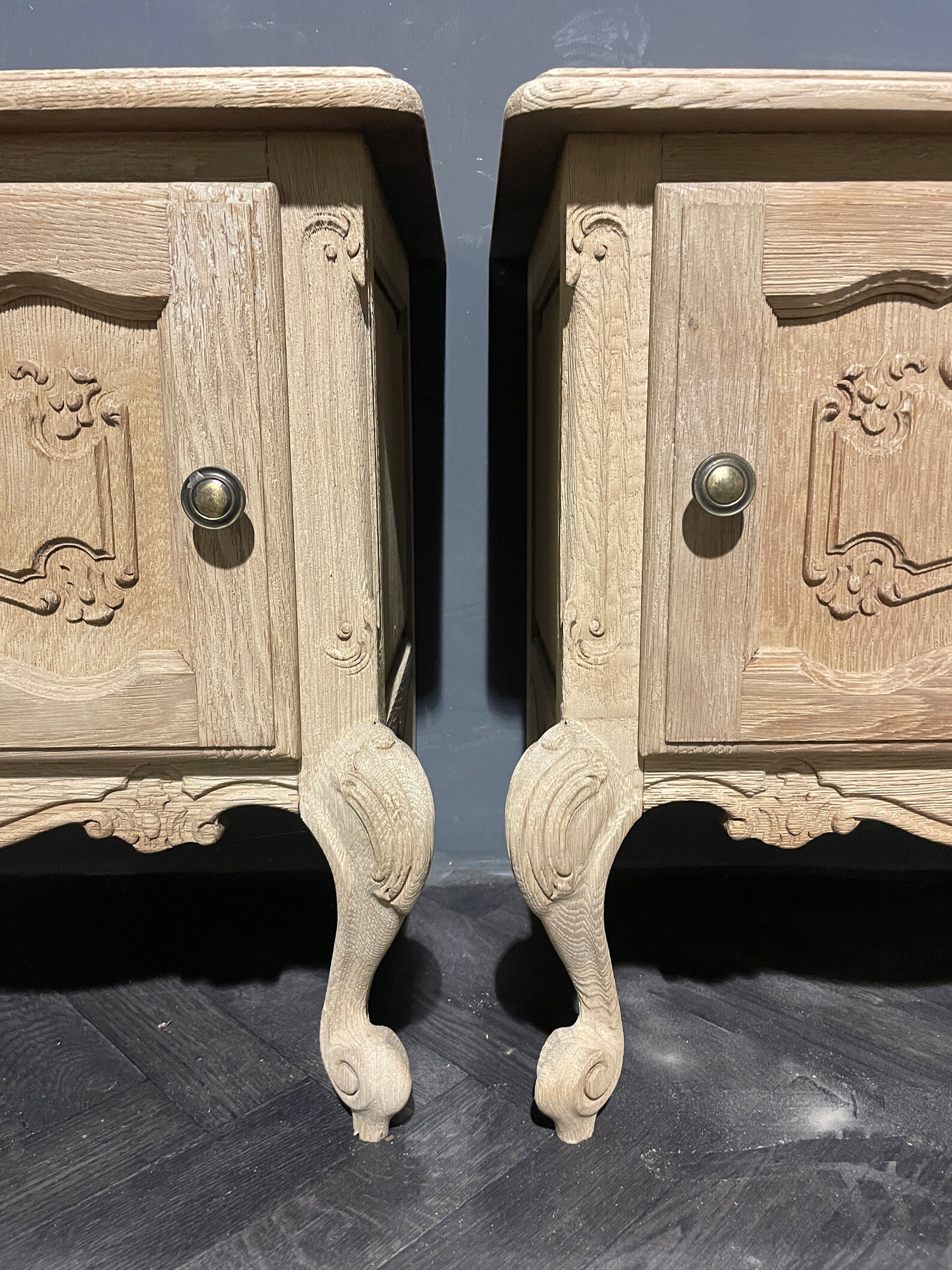 Pair of French Rustic Oak Ornate Bedsides Tables Pair of French Pot