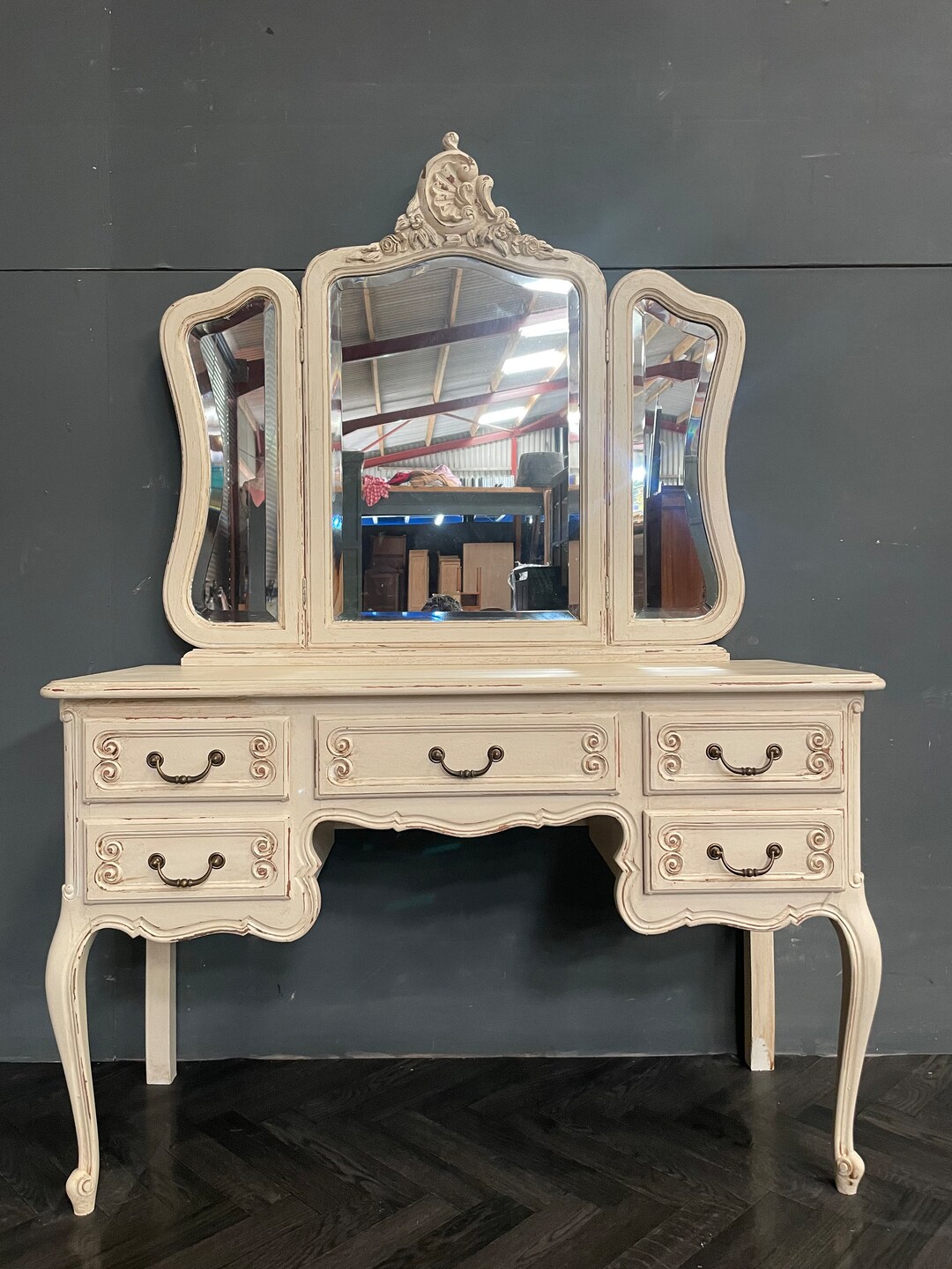 Vintage Painted French Dressing Table 5 Drawer & 3 Way Mirror Etsy UK