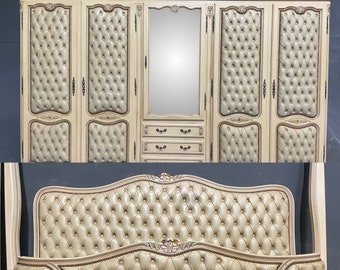 Vintage French original painted leather studded 5 door armoire with matching Queen Bed 160cm mattress