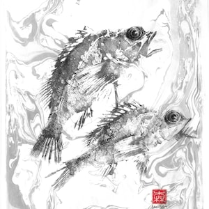 Original gyotaku of scorpionfish duo with sumi-nagashi background