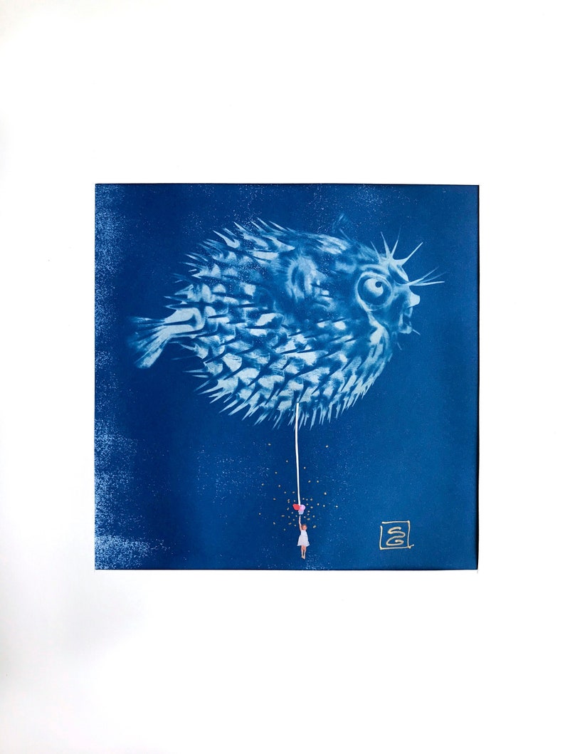Moonfish Cyanotype With Collage and Gold Painting, Ancient Photographic ...
