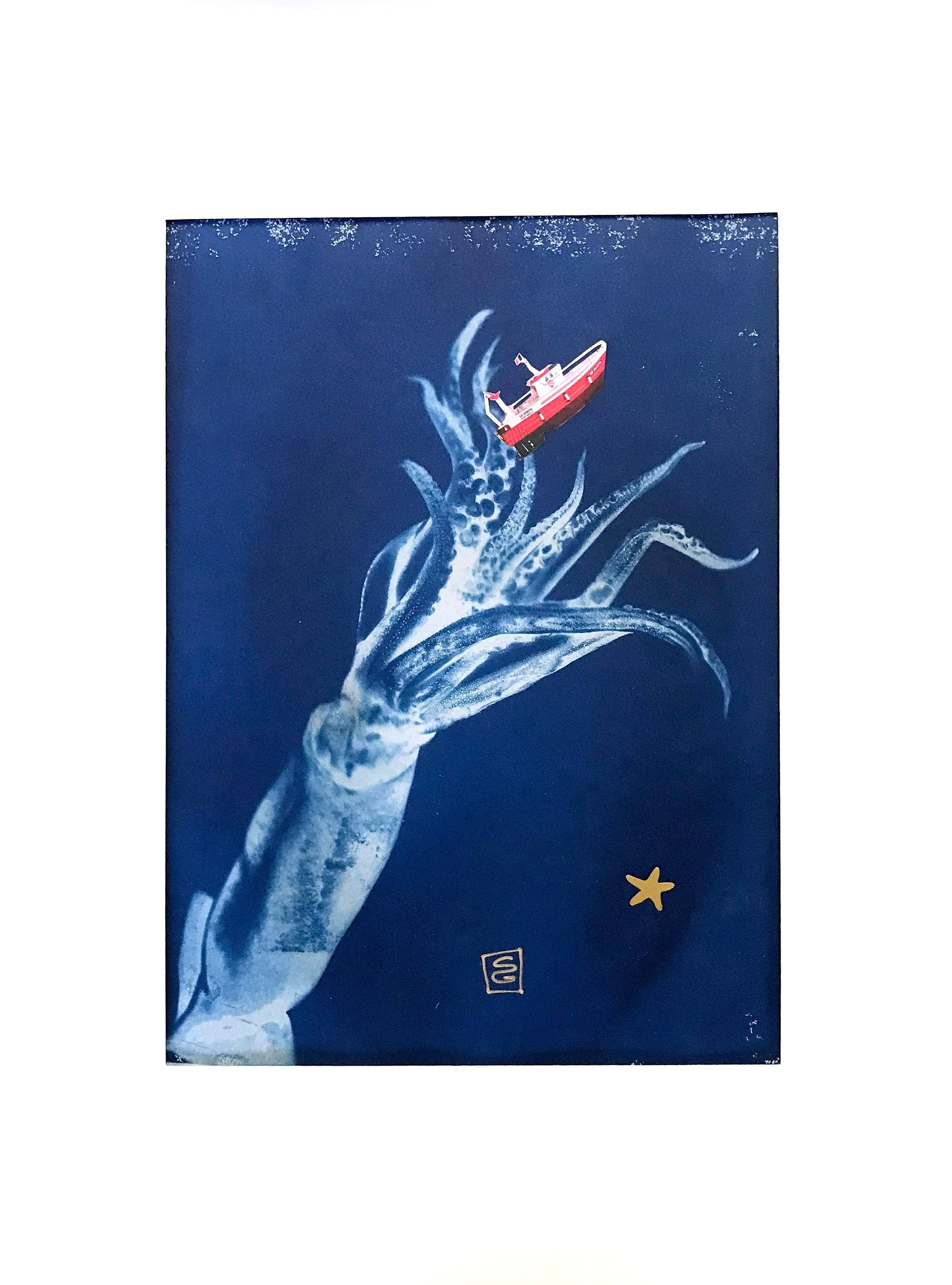 Cyanotype d'encornet avec Collage et Peinture Or, Procédé Photographique Ancien, Déco Marine, Art Ph