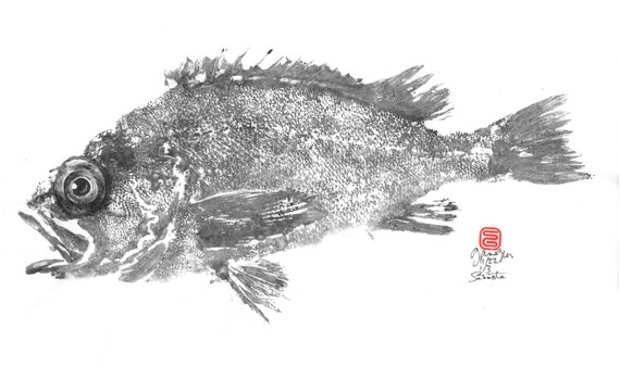 Original Gyotaku of Redfish and Gorgonian Fish Made in the Traditional Way,  Squid Ink, Japanese Paper. -  Canada