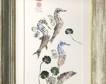 Chimère réalisée avec de vrais détails de gyotaku collés ensembles pour former des animaux étranges. Décoration marine et intérieure.