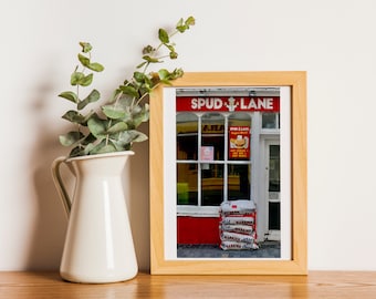 SPUDS Photo Print of bags of spuds outside a chipper in Clonakilty