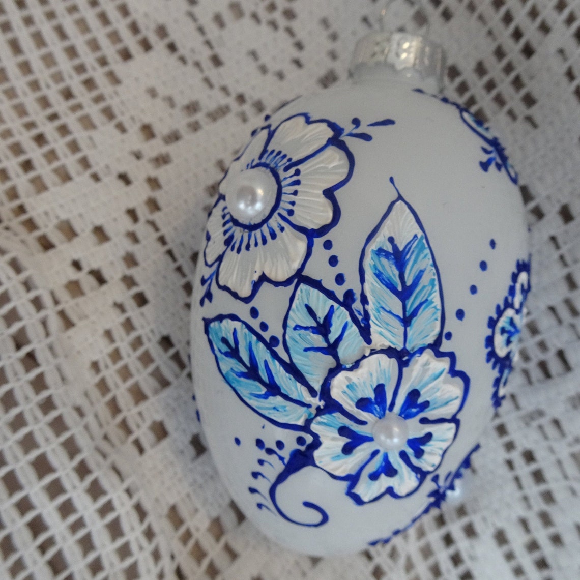 Beautiful Blue and White Glass Egg With Floral Design Etsy