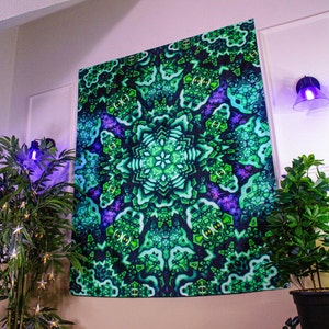 Psytrance Tapestry , UV Reactive Wall Hanging,  Mandala Wall Art, Trippy Black Light Tapestry, Glow In The Dark Tapestries, Black light Art