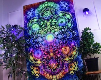 UV Black Light Reactive Sacred Geometry Wall Hanging - Spiritual Wall Art, Psychedelic Backdrop